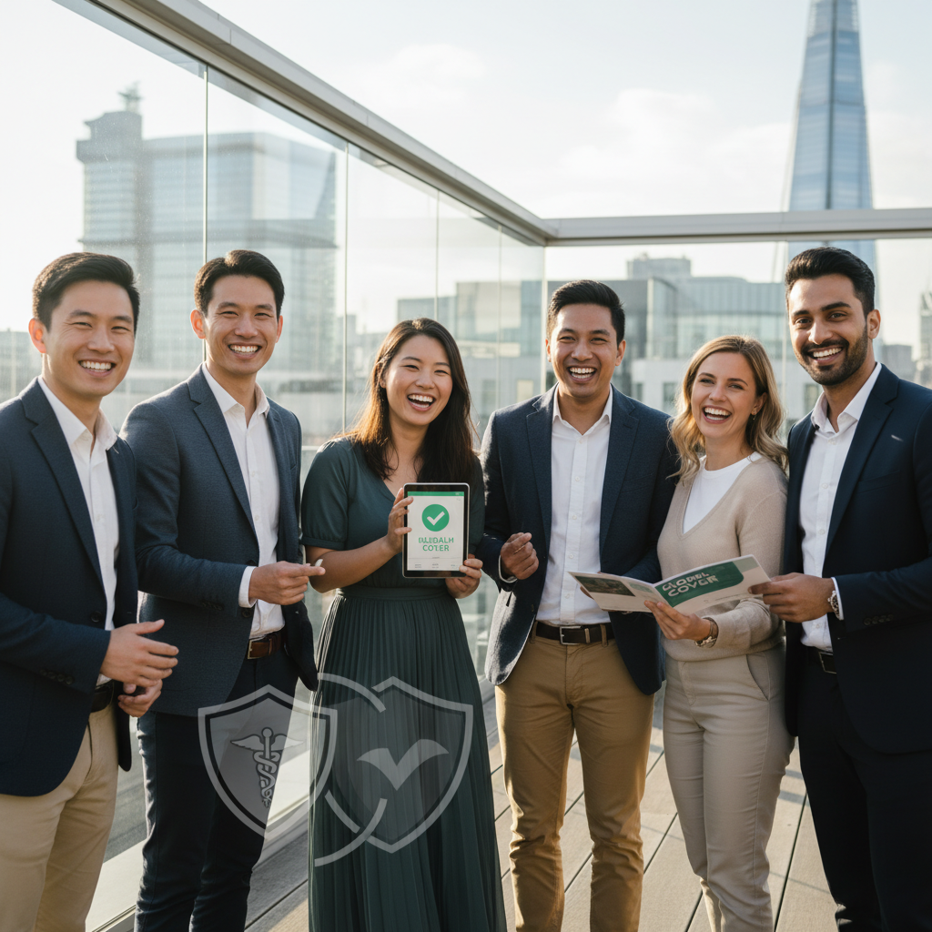 A diverse group of smiling expats in a modern, well-lit UK city setting, looking confident and healthy, symbolizing successful navigation of healthcare and feeling secure with their insurance choices.