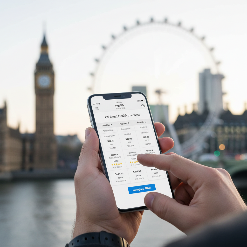 A close-up of hands holding a smartphone, comparing different health insurance plans on the screen, with a blurry background of iconic London landmarks like Big Ben and the London Eye, emphasizing ease of digital comparison for UK expat insurance.