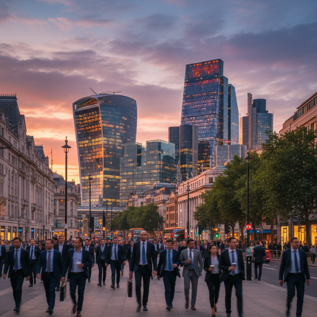 A vibrant, bustling panoramic view of the London financial district (City of London) at sunset, with modern skyscrapers illuminated and a diverse group of business professionals walking on the street below, appearing dynamic and full of opportunity. Photorealistic, high-resolution.