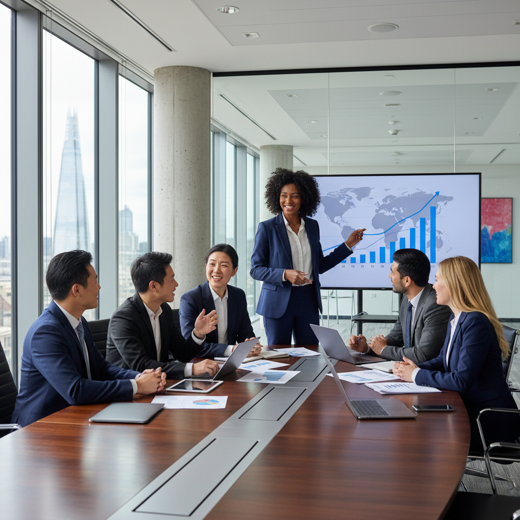 A diverse group of business professionals, including a female expat in a suit, engaged in a productive meeting in a modern, well-lit UK office. They are smiling and collaborating, with charts and a laptop visible, symbolizing successful business operations and integration. Photorealistic, corporate setting.
