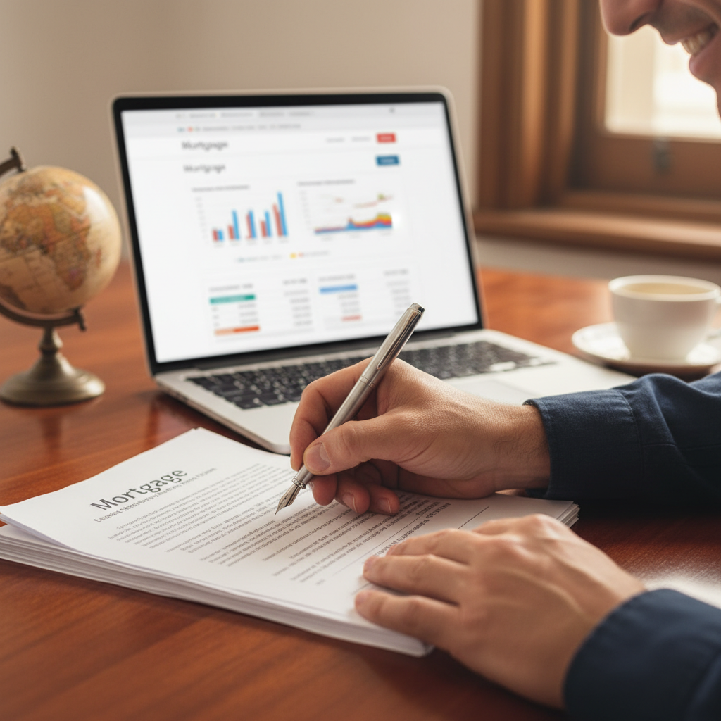 A close-up, photorealistic shot of an expat's hands holding a pen, signing mortgage documents on a polished wooden desk, with a laptop displaying a mortgage comparison website in the background, showing a sense of accomplishment.