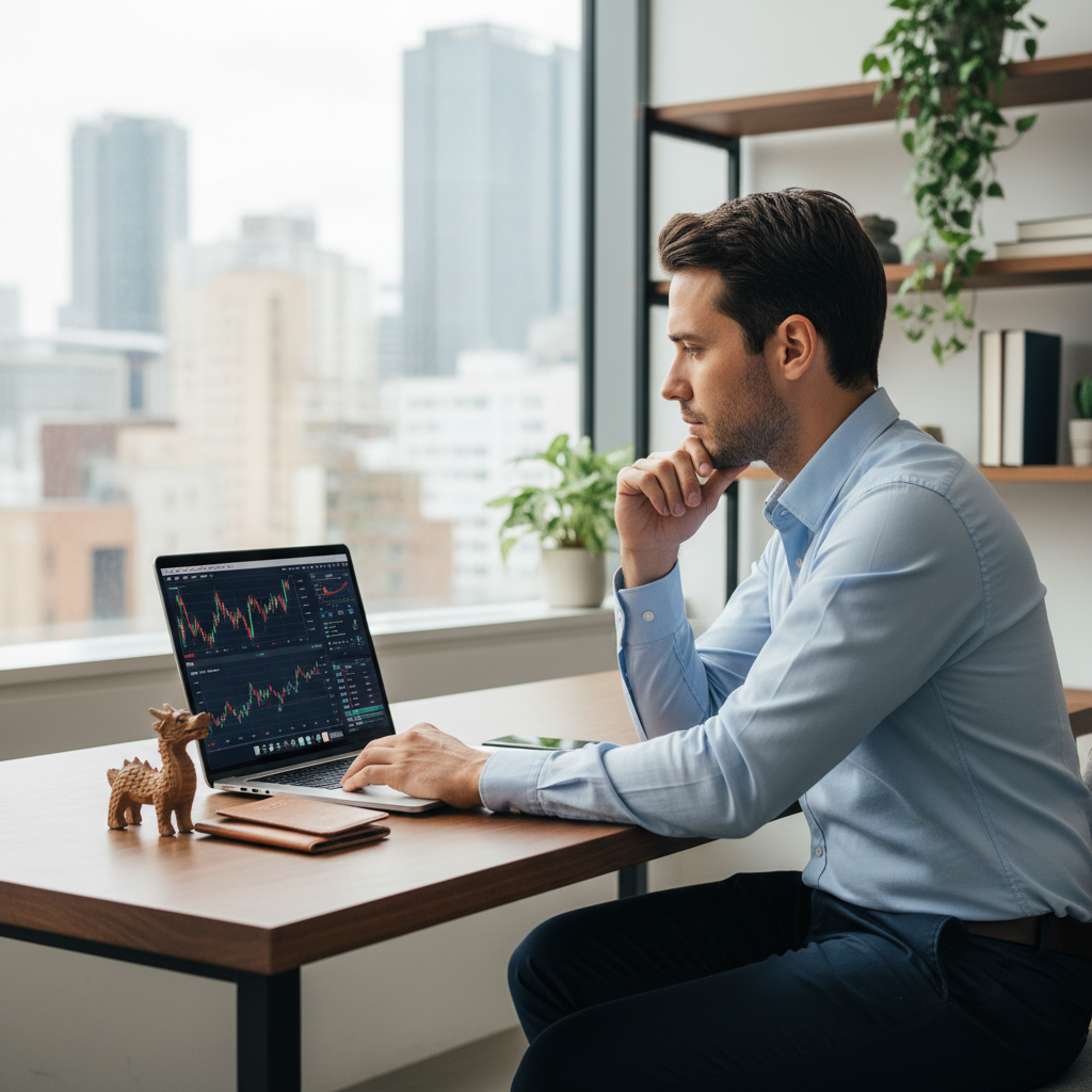 A detailed and photorealistic image of a person sitting at a desk, looking thoughtfully at a laptop screen displaying various financial charts and documents. The background shows a modern, bright office environment, suggesting careful financial planning. The person appears to be an expat, perhaps with subtle hints of cultural diversity. Natural light filters in through a window.