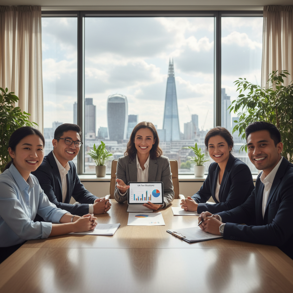 A vibrant, detailed and photorealistic image of a diverse group of people (expats) engaged in a relaxed conversation with a professional tax advisor in a modern, well-lit office. The advisor is pointing to a digital tablet with charts, explaining complex information clearly. The expats are smiling and appear relieved, suggesting successful tax planning. There's a subtle background of London landmarks visible through a window, indicating the UK context.