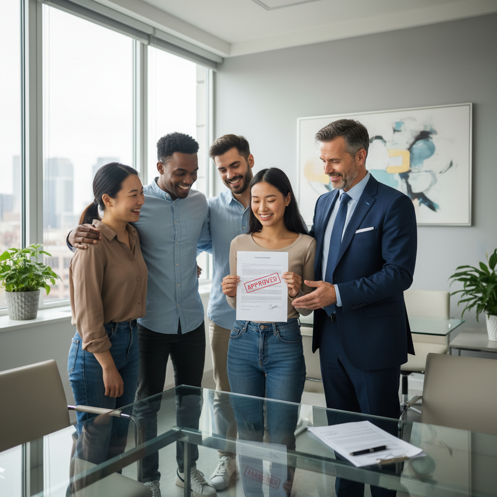 A diverse group of expats looking relieved while standing with a professional immigration lawyer in a modern, brightly lit office, holding a successfully approved visa document. The lawyer is smiling reassuringly, and the clients appear happy and at ease.