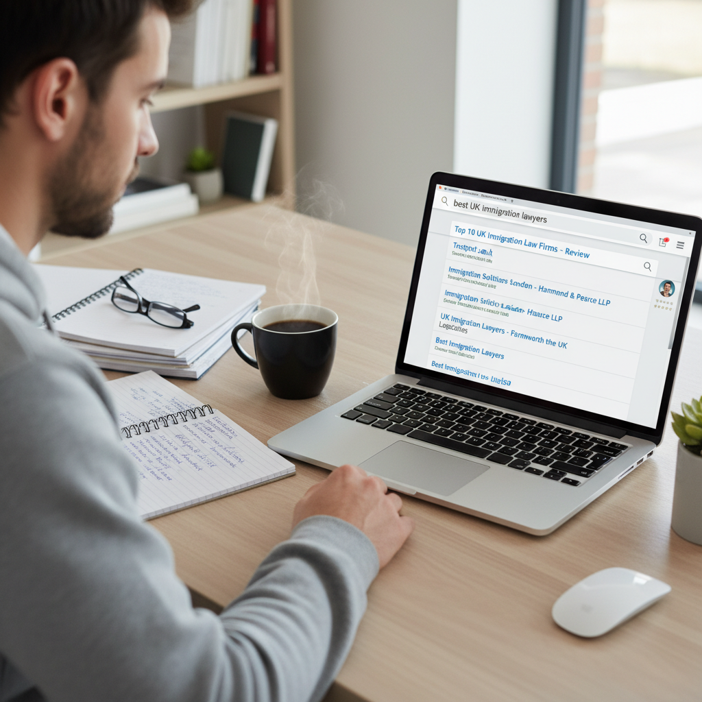 A person sitting at a modern desk, looking intently at a laptop screen displaying a search engine results page for 