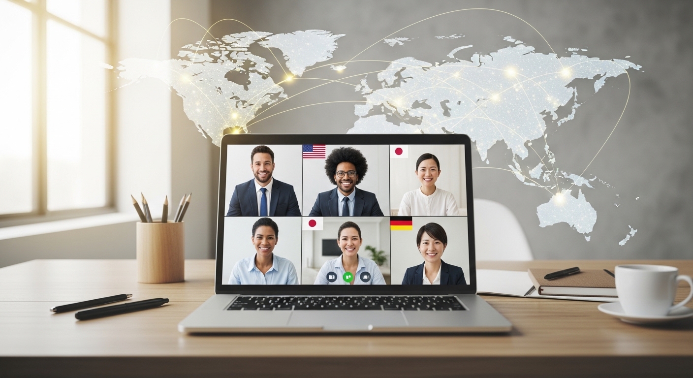 A diverse group of business professionals from different countries collaborating virtually on a laptop screen, with a world map overlay in the background, conveying global connectivity and teamwork.