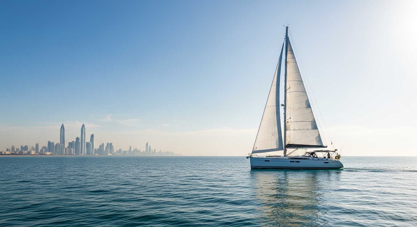 A sleek sailboat effortlessly gliding on calm, blue ocean waters under a clear sky, with a modern cityscape visible faintly on the distant horizon, symbolizing smooth business operations and global reach.