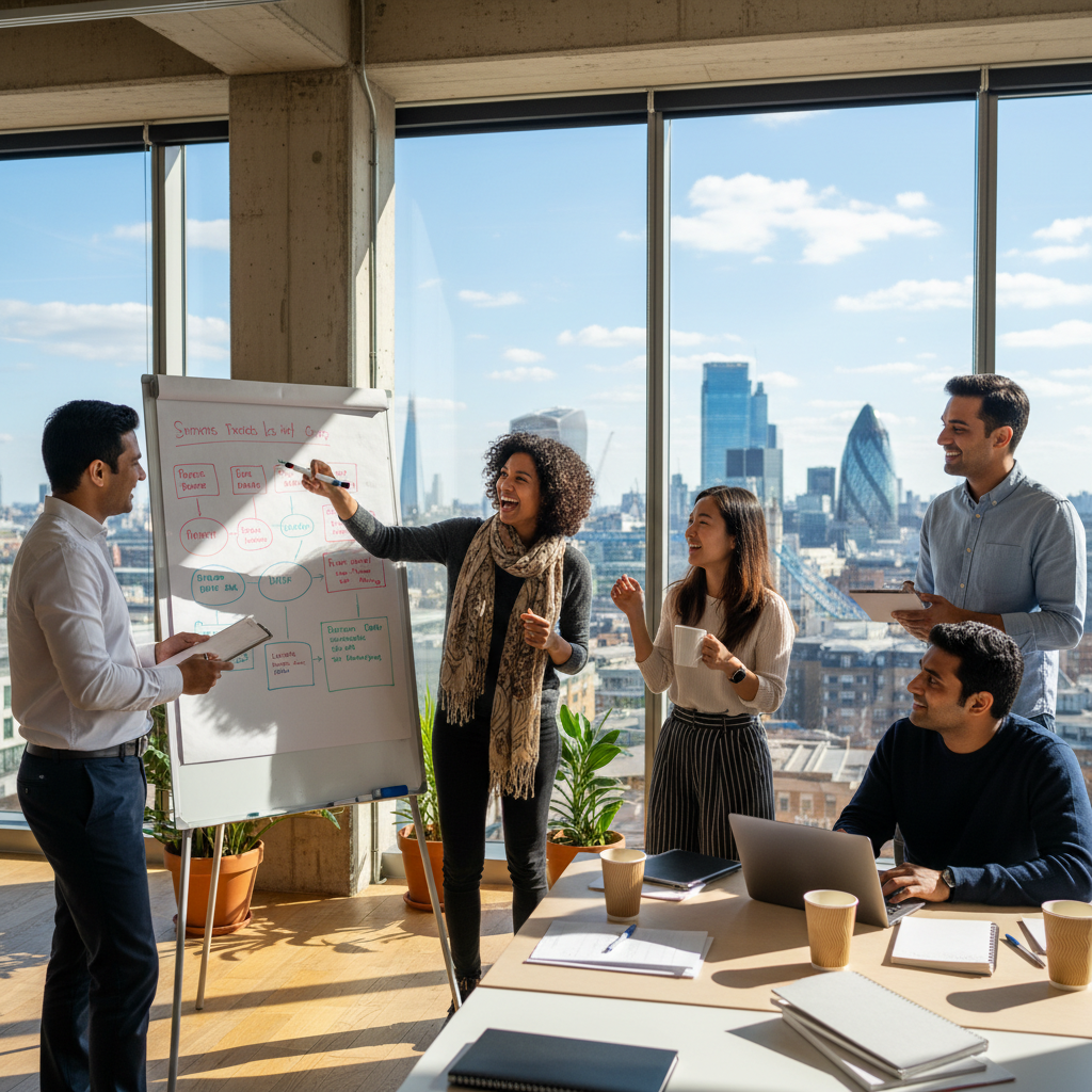 A diverse group of expat entrepreneurs happily collaborating in a modern, sunlit co-working space in London, brainstorming ideas on a whiteboard with various charts and diagrams. Through large windows, a vibrant London city skyline is visible under a clear sky. The scene is photorealistic and full of energy.