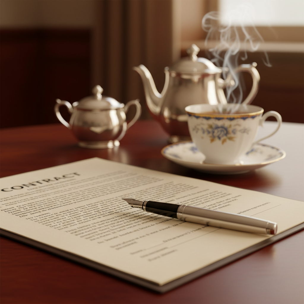 A close-up shot of a legal document or contract spread open on a rich mahogany desk, with a silver fountain pen resting on it and a classic British tea cup with steam rising gently in the background. The lighting is soft and professional, highlighting the details of the text, giving a sense of serious business and attention to detail. Photorealistic and elegant.