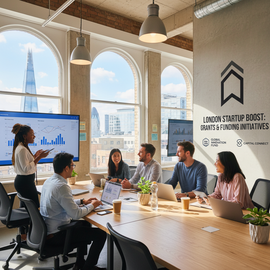 A diverse group of expat entrepreneurs happily collaborating in a modern co-working space in London, with a bright, airy atmosphere and visible branding related to startup grants and funding programs. Photorealistic, high detail.