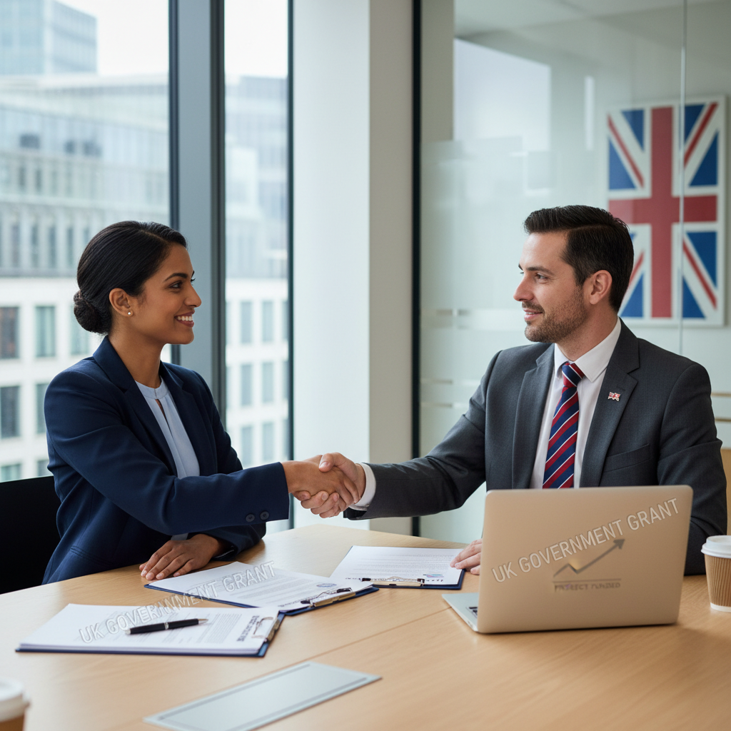 A confident expat entrepreneur shaking hands with a UK government grant officer in a professional, modern office setting, symbolizing successful grant acquisition. The setting is bright and encouraging, with documents and a laptop visible on a table. Photorealistic, high detail.