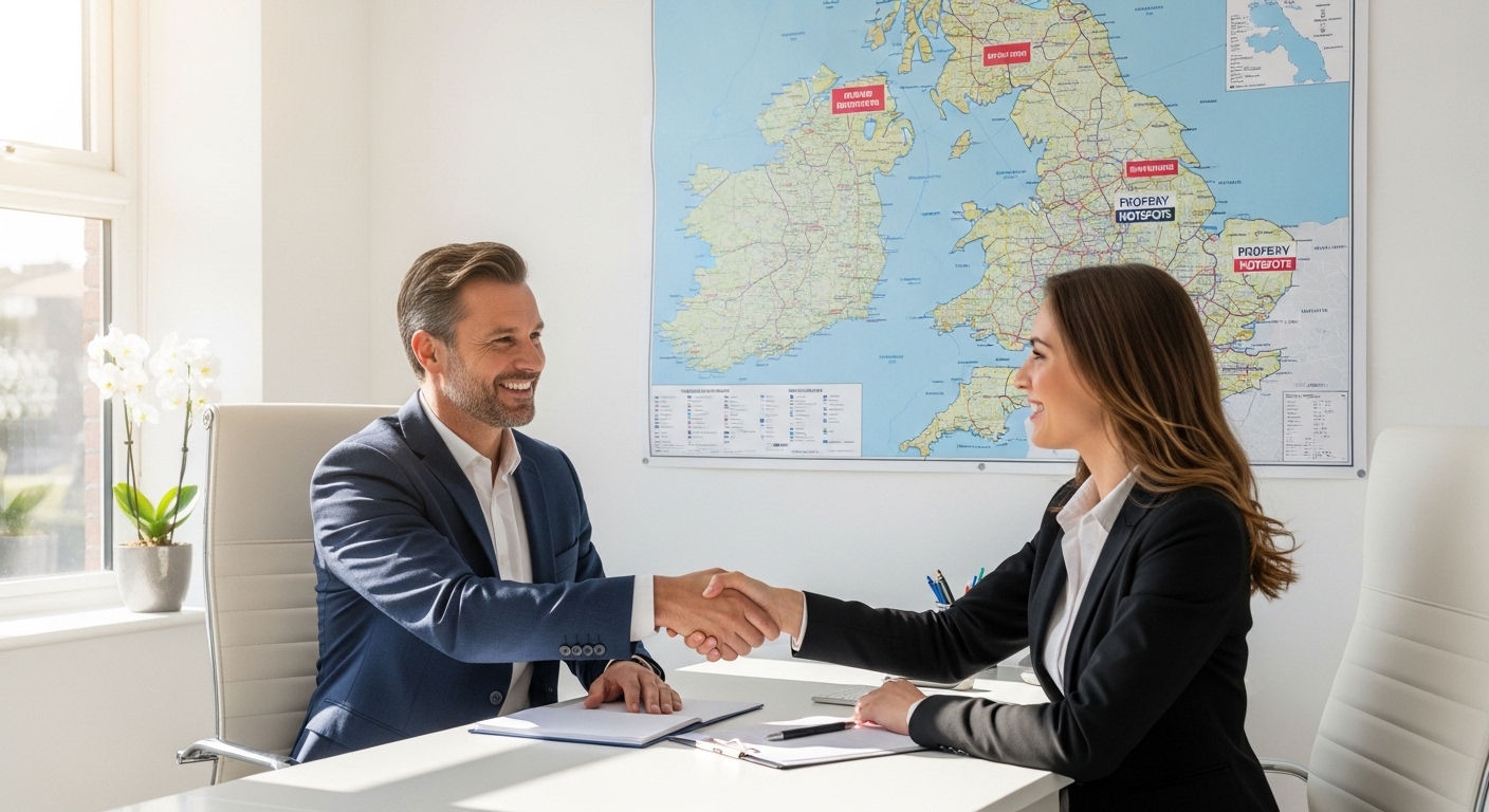 A professional expat investor shaking hands with a UK-based real estate agent in a modern, well-lit office, with a map of the UK showing various property hotspots in the background. The scene should exude professionalism and successful collaboration.