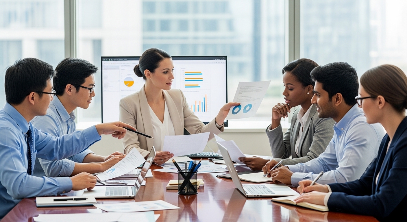 A diverse group of expat professionals sitting around a conference table with a financial advisor, looking at charts and documents. The atmosphere is professional yet relaxed, with a focus on collaborative financial planning. Realistic, high-quality photograph.
