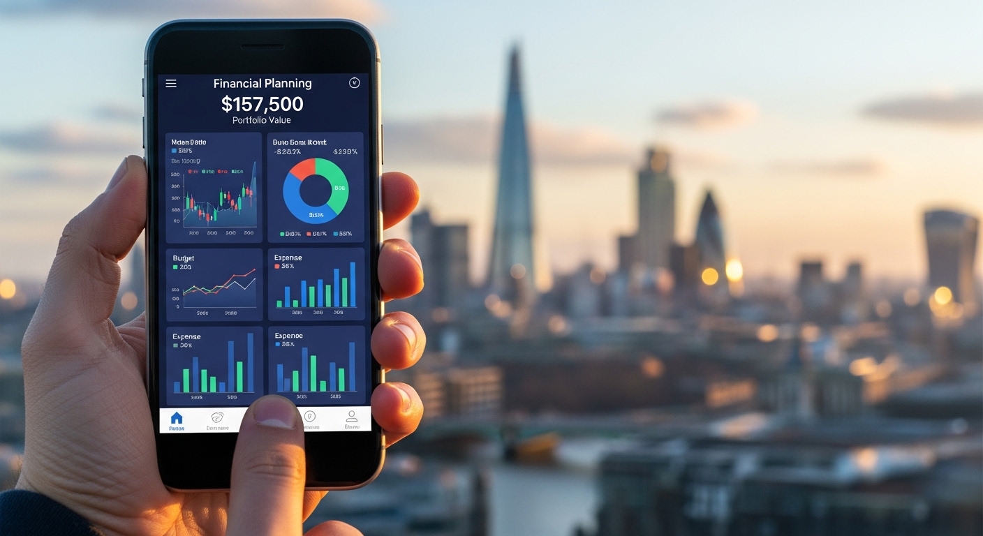 A hand holding a smartphone displaying a financial planning app with charts and graphs, against a blurred background of the London skyline at sunset. The image should convey modern financial management and clarity. Photorealistic, vibrant colors.