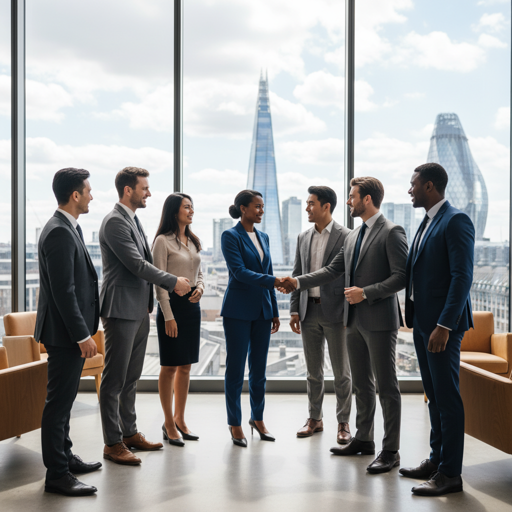 A diverse group of smiling business professionals from various backgrounds shaking hands in a modern, sunlit office lobby in London, with iconic London landmarks subtly blurred in the background, symbolizing global partnership and opportunity.